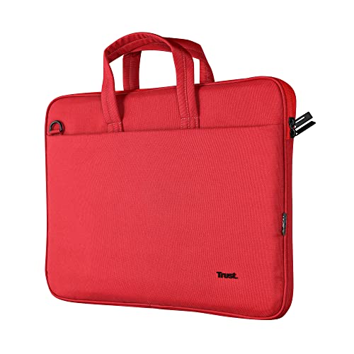 Trust Bologna Slim Laptop Eco Tasche bis 16 Zoll aus Recyceltem Kunststoff, mit Schultergurt, Nachhaltige Umhängetasche für Reisen, Business, Büro, Schule - Rot von Trust