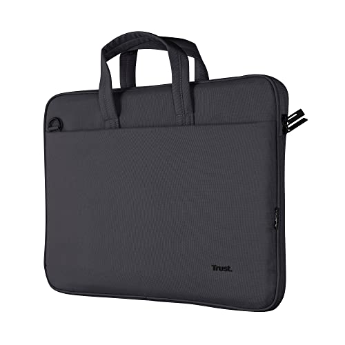 Trust Bologna Slim Laptop Eco Tasche bis 16 Zoll aus Recyceltem Kunststoff, mit Schultergurt, Nachhaltige Umhängetasche für Reisen, Business, Büro, Schule - Schwarz von Trust