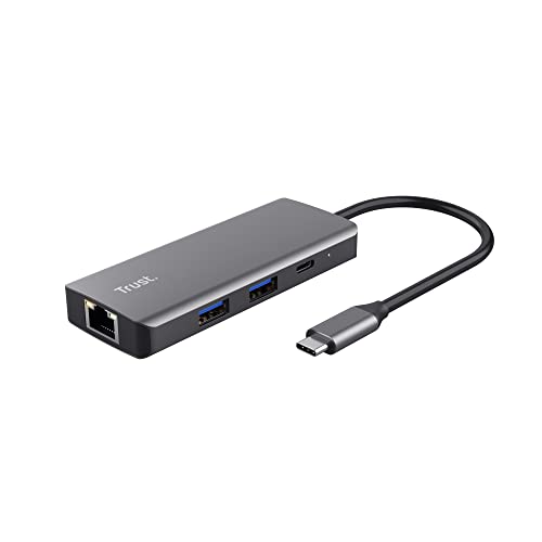 Trust Dalyx USB C Adapter 6-in-1, USB-C Hub mit 4K HDMI, 2X USB-C, 2X USB 3.1 Datenports 5 Gbps, Gigabit Ethernet-Port, Docking Station USB Verteiler für MacBook Pro/Air, Laptop, PC - Silber von Trust