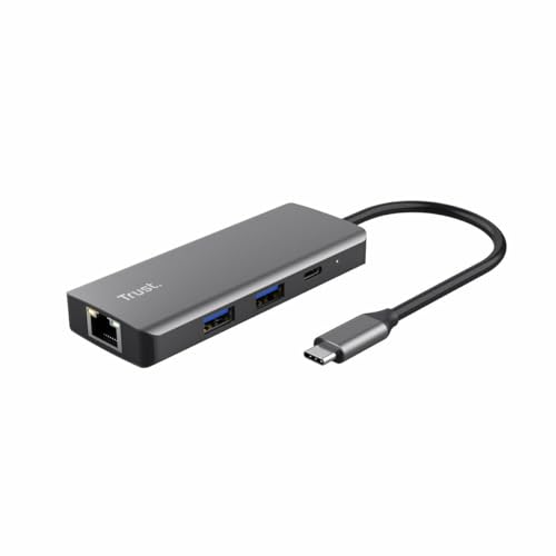 Trust Dalyx USB C Adapter 6-in-1, USB-C Hub mit 4K HDMI, 2X USB-C, 2X USB 3.1 Datenports 5 Gbps, Gigabit Ethernet-Port, Docking Station USB Verteiler für MacBook Pro/Air, Laptop, PC - Silber von Trust