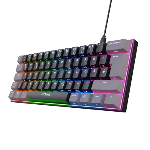 Trust Gaming GXT 867 Acira 60% Mechanische Tastatur Deutsches QWERTZ Layout, RGB Beleuchtung, Doppelt Belegte Tasten, USB Mini Tragbare Programmierbare Kleine Gaming Tastatur 60 Prozent PC Laptop von Trust Gaming