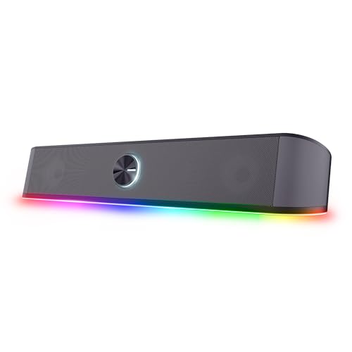 Trust Gaming Stereo Soundbar mit RGB Beleuchtung GXT 1619 Rhox, Computer Boxen 12W, 2.0 Lautsprecher mit LED-Beleuchtung, PC Soundbar, USB-Betrieb, 3.5 mm AUX Anschluss, TV PC Laptop - Schwarz/Grau von Trust Gaming