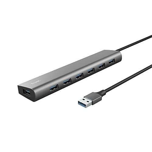 Trust Halyx 7 Port USB Hub 3.2 Gen 1, USB Verteiler mit USB-C Stromanschluss, USB Mehrfachstecker, Dünn und Kompakt, 5Gbps Adapter Datenhub für MacBook Pro/Air, Laptop, Notebook, PC - Grau von Trust