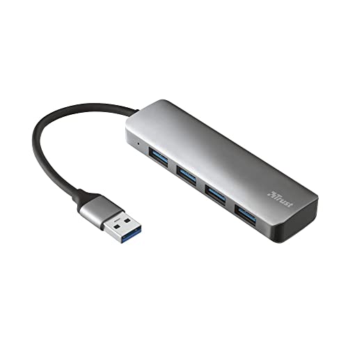 Trust Halyx Mini 4 Port USB Hub 3.2, USB-A Adapter 5 GBit/s, USB Verlängerung Datenhub, Dünn und Kompakt USB Verteiler, USB Splitter für PC, Computer, Laptop, MacBook, Windows - Grau von Trust