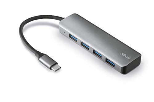 Trust Halyx Mini USB-C Hub 3.2, 4 Port USB-A Anschlüsse, USB Adapter, USB Verlängerung Datenhub, Dünn und Kompakt, USB Verteiler, USB Splitter für PC, Computer, Laptop, MacBook - Grau von Trust