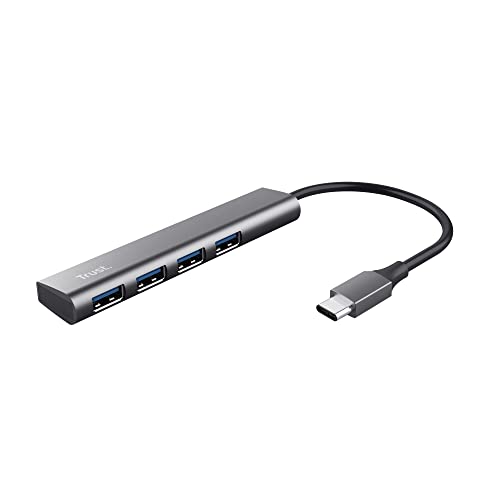 Trust Halyx USB-C Hub 3.2 Gen 1, 4 Port USB-A Adapter 5 GBit/s, Dünn und Kompakt, USB Verlängerung Datenhub, USB Verteiler, USB Splitter für Computer, PC, Laptop, Desktop, Windows - Grau von Trust