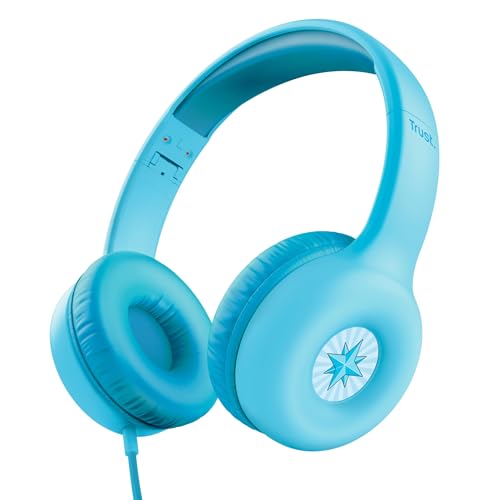 Trust Nouna Kinder Kopfhörer mit Kabel, Lautstärkenbegrenzer (85dB) für Kinderen ab 4 Jahre, On Ear Faltbares Headset mit Mikrofon, 3.5mm Klinke, Kopfhörer Kinder mit Aufkleber, Blau von Trust