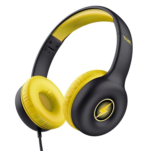 Trust Nouna Kinder Kopfhörer mit Kabel, Lautstärkenbegrenzer (85dB) für Kinderen ab 4 Jahre, On Ear Faltbares Headset mit Mikrofon, 3.5mm Klinke, Kopfhörer Kinder mit Aufkleber, Schwarz von Trust
