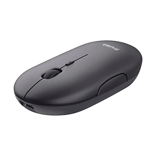 Trust Puck Wiederaufladbare Kabellose Maus, Bluetooth und 2.4 GHz Verbindung via USB-Mikroempfänger, DPI Einstellbar 800/1200/1600, Ergonomisch, Funkmaus für PC/Mac/Computer/Laptop/MacBook - schwarz von Trust