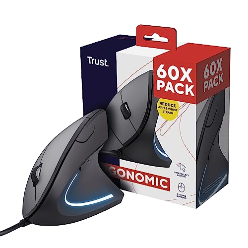 Trust Verto 60 Pack - 60x Vertikale Maus, Ergonomische Maus, Vorbeugung Gegen Mausarm/Tennisarm (RSI Syndrom), LED-Beleuchtung, PC Maus mit Kabel für Rechtshänder, Computer, Laptop, Mac - Schwarz von Trust