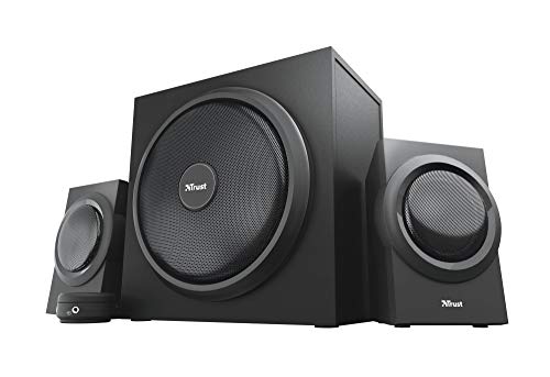 Trust Yuri 2.1 PC Lautsprecher mit Subwoofer, 120W Spitzenleistung, Subwoofer aus Holz mit einem Starken 5,25 Zoll-Basstreiber, Lautstärkeregelung mit Kopfhörer- und Line-In-Anschluss, Schwarz von Trust