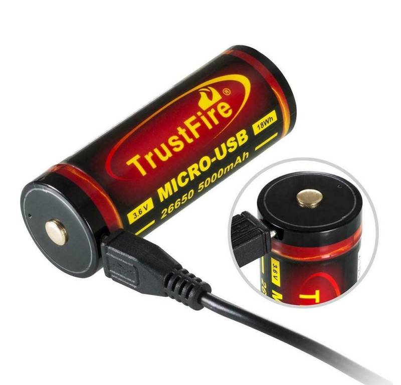 Trustfire Akku, (3,7), 26650 5000mAh Akku mit Schutzschaltung - USB wiederaufladbar von Trustfire
