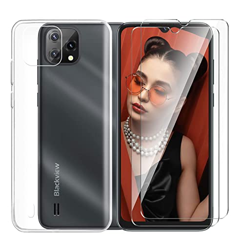 Tsinwe Hülle + 2 Pcs Panzerglasfolie für Blackview A55, Weich Transparent Silikon Handy Hüllen [Stoßfest Kratzfest] [Shock Absorption Schutzhülle] & Schutzfolie Protector Film von Tsinwe