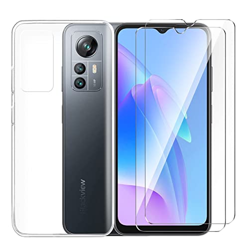 Tsinwe Hülle + 2 Pcs Panzerglasfolie für Blackview A85, Weich Transparent Silikon Handy Hüllen [Stoßfest Kratzfest] [Shock Absorption Schutzhülle] & Schutzfolie Protector Film von Tsinwe