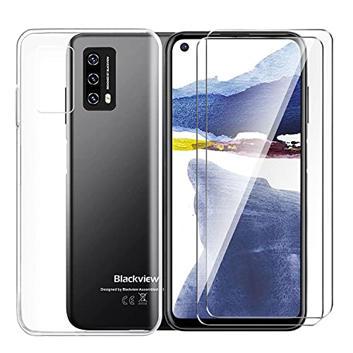 Tsinwe Hülle + 2 Pcs Panzerglasfolie für Blackview A90, Weich Transparent Silikon Handy Hüllen [Stoßfest Kratzfest] [Shock Absorption Schutzhülle] & Schutzfolie Protector Film von Tsinwe