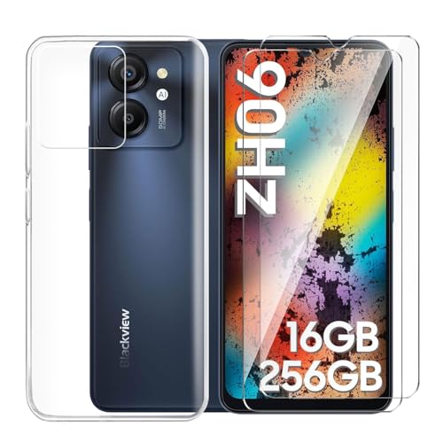 Tsinwe Hülle + 2 Pcs Panzerglasfolie für Blackview Color 8, Weich Transparent Silikon Handy Hüllen [Stoßfest Kratzfest] [Shock Absorption Schutzhülle] & Schutzfolie Protector Film von Tsinwe