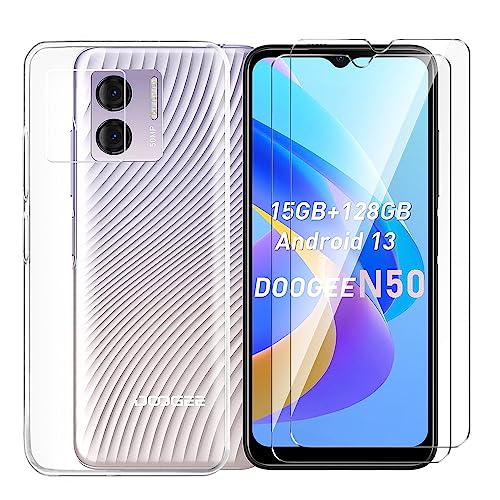 Tsinwe Hülle + 2 Pcs Panzerglasfolie für Doogee N50, Weich Transparent Silikon Handy Hüllen [Stoßfest Kratzfest] [Shock Absorption Schutzhülle] & Schutzfolie Protector Film von Tsinwe