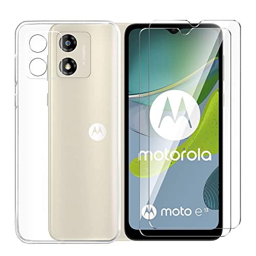 Tsinwe Hülle + 2 Pcs Panzerglasfolie für Motorola Moto E13, Weich Transparent Silikon Handy Hüllen [Stoßfest Kratzfest] [Shock Absorption Schutzhülle] & Schutzfolie Protector Film von Tsinwe