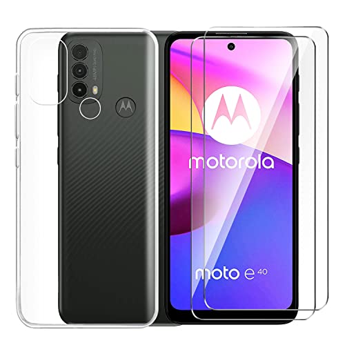 Tsinwe Hülle + 2 Pcs Panzerglasfolie für Motorola Moto E20 / E30 / E40, Weich Transparent Silikon Handy Hüllen [Stoßfest Kratzfest] [Shock Absorption Schutzhülle] & Schutzfolie Protector Film von Tsinwe