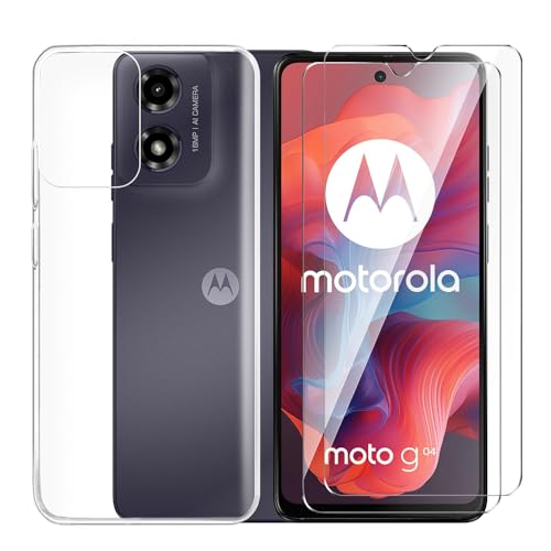 Tsinwe Hülle + 2 Pcs Panzerglasfolie für Motorola Moto G04 / G24, Weich Transparent Silikon Handy Hüllen [Stoßfest Kratzfest] [Shock Absorption Schutzhülle] & Schutzfolie Protector Film von Tsinwe