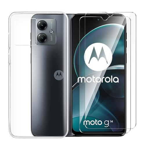 Tsinwe Hülle + 2 Pcs Panzerglasfolie für Motorola Moto G14, Weich Transparent Silikon Handy Hüllen [Stoßfest Kratzfest] [Shock Absorption Schutzhülle] & Schutzfolie Protector Film von Tsinwe