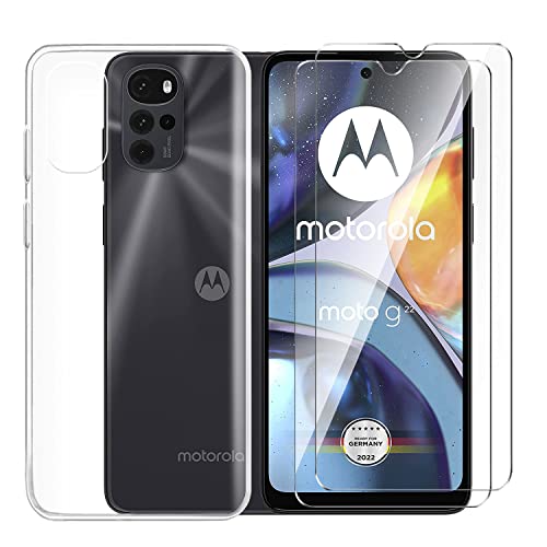 Tsinwe Hülle + 2 Pcs Panzerglasfolie für Motorola Moto G22 / E32S, Weich Transparent Silikon Handy Hüllen [Stoßfest Kratzfest] [Shock Absorption Schutzhülle] & Schutzfolie Protector Film von Tsinwe
