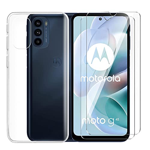 Tsinwe Hülle + 2 Pcs Panzerglasfolie für Motorola Moto G31 / G41, Weich Transparent Silikon Handy Hüllen [Stoßfest Kratzfest] [Shock Absorption Schutzhülle] & Schutzfolie Protector Film von Tsinwe