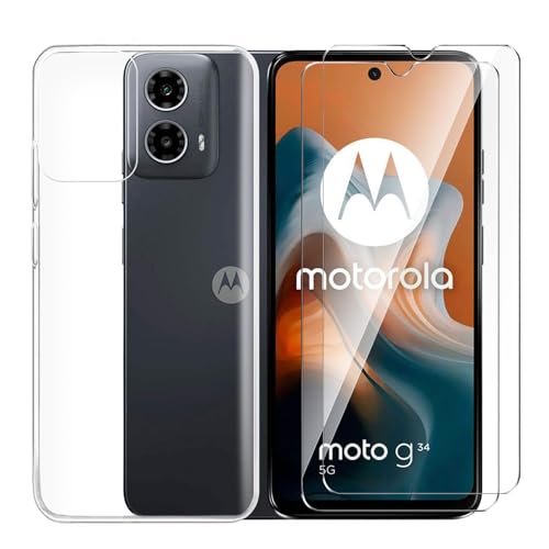 Tsinwe Hülle + 2 Pcs Panzerglasfolie für Motorola Moto G34, Weich Transparent Silikon Handy Hüllen [Stoßfest Kratzfest] [Shock Absorption Schutzhülle] & Schutzfolie Protector Film von Tsinwe
