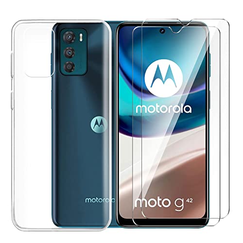 Tsinwe Hülle + 2 Pcs Panzerglasfolie für Motorola Moto G42, Weich Transparent Silikon Handy Hüllen [Stoßfest Kratzfest] [Shock Absorption Schutzhülle] & Schutzfolie Protector Film von Tsinwe