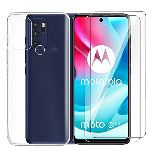 Tsinwe Hülle + 2 Pcs Panzerglasfolie für Motorola Moto G60S, Weich Transparent Silikon Handy Hüllen [Stoßfest Kratzfest] [Shock Absorption Schutzhülle] & Schutzfolie Protector Film von Tsinwe