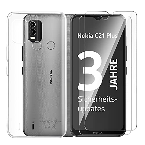 Tsinwe Hülle + 2 Pcs Panzerglasfolie für Nokia C21 Plus, Weich Transparent Silikon Handy Hüllen [Stoßfest Kratzfest] [Shock Absorption Schutzhülle] & Schutzfolie Protector Film von Tsinwe