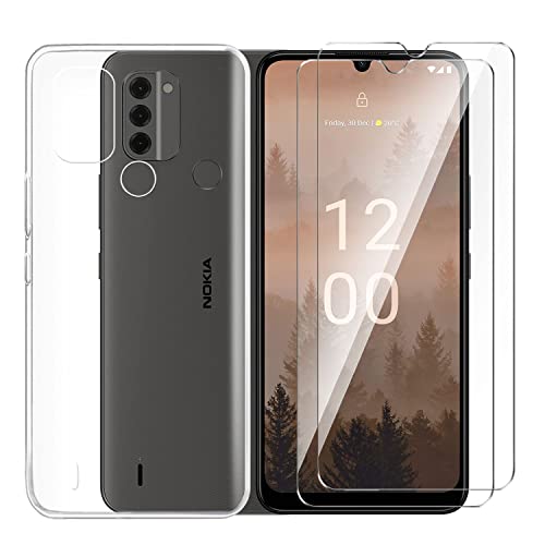 Tsinwe Hülle + 2 Pcs Panzerglasfolie für Nokia C31, Weich Transparent Silikon Handy Hüllen [Stoßfest Kratzfest] [Shock Absorption Schutzhülle] & Schutzfolie Protector Film von Tsinwe