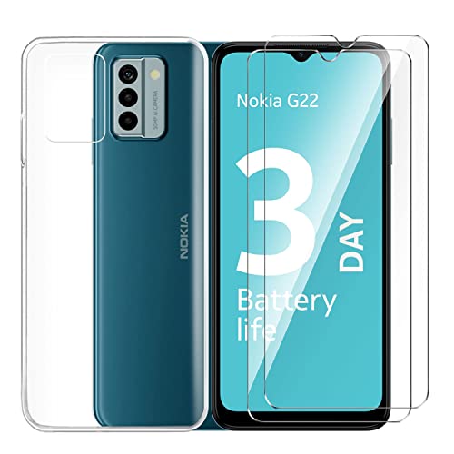 Tsinwe Hülle + 2 Pcs Panzerglasfolie für Nokia G22, Weich Transparent Silikon Handy Hüllen [Stoßfest Kratzfest] [Shock Absorption Schutzhülle] & Schutzfolie Protector Film von Tsinwe
