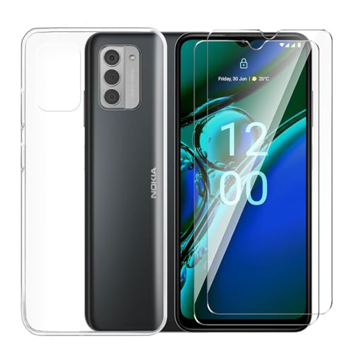 Tsinwe Hülle + 2 Pcs Panzerglasfolie für Nokia G42 5G, Weich Transparent Silikon Handy Hüllen [Stoßfest Kratzfest] [Shock Absorption Schutzhülle] & Schutzfolie Protector Film von Tsinwe