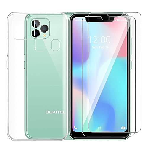 Tsinwe Hülle + 2 Pcs Panzerglasfolie für Oukitel C22, Weich Transparent Silikon Handy Hüllen [Stoßfest Kratzfest] [Shock Absorption Schutzhülle] & Schutzfolie Protector Film von Tsinwe