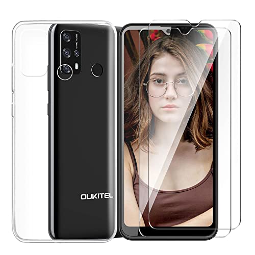 Tsinwe Hülle + 2 Pcs Panzerglasfolie für Oukitel C23 Pro, Weich Transparent Silikon Handy Hüllen [Stoßfest Kratzfest] [Shock Absorption Schutzhülle] & Schutzfolie Protector Film von Tsinwe