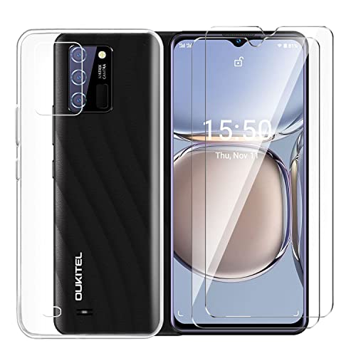 Tsinwe Hülle + 2 Pcs Panzerglasfolie für Oukitel C25, Weich Transparent Silikon Handy Hüllen [Stoßfest Kratzfest] [Shock Absorption Schutzhülle] & Schutzfolie Protector Film von Tsinwe