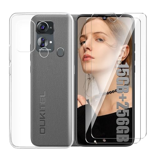 Tsinwe Hülle + 2 Pcs Panzerglasfolie für Oukitel C33, Weich Transparent Silikon Handy Hüllen [Stoßfest Kratzfest] [Shock Absorption Schutzhülle] & Schutzfolie Protector Film von Tsinwe