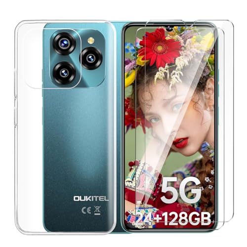 Tsinwe Hülle + 2 Pcs Panzerglasfolie für Oukitel C50, Weich Transparent Silikon Handy Hüllen [Stoßfest Kratzfest] [Shock Absorption Schutzhülle] & Schutzfolie Protector Film von Tsinwe