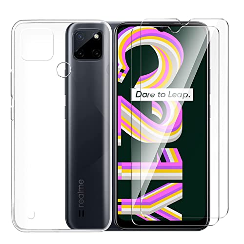 Tsinwe Hülle + 2 Pcs Panzerglasfolie für Realme C21Y, Weich Transparent Silikon Handy Hüllen [Stoßfest Kratzfest] [Shock Absorption Schutzhülle] & Schutzfolie Protector Film von Tsinwe