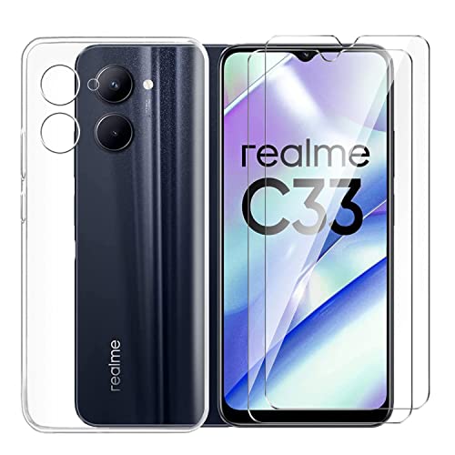 Tsinwe Hülle + 2 Pcs Panzerglasfolie für Realme C33, Weich Transparent Silikon Handy Hüllen [Stoßfest Kratzfest] [Shock Absorption Schutzhülle] & Schutzfolie Protector Film von Tsinwe