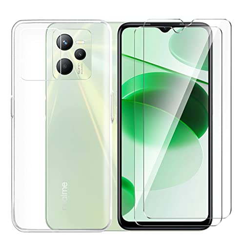 Tsinwe Hülle + 2 Pcs Panzerglasfolie für Realme C35, Weich Transparent Silikon Handy Hüllen [Stoßfest Kratzfest] [Shock Absorption Schutzhülle] & Schutzfolie Protector Film von Tsinwe