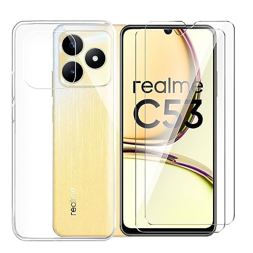 Tsinwe Hülle + 2 Pcs Panzerglasfolie für Realme C53, Weich Transparent Silikon Handy Hüllen [Stoßfest Kratzfest] [Shock Absorption Schutzhülle] & Schutzfolie Protector Film von Tsinwe