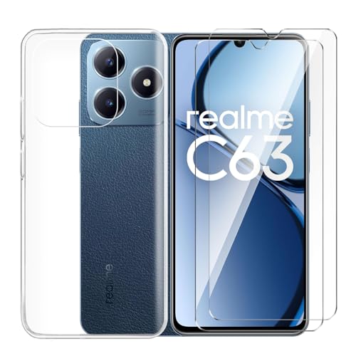 Tsinwe Hülle + 2 Pcs Panzerglasfolie für Realme C61 / C63 / Note 60, Weich Transparent Silikon Handy Hüllen [Stoßfest Kratzfest] [Shock Absorption Schutzhülle] & Schutzfolie Protector Film von Tsinwe