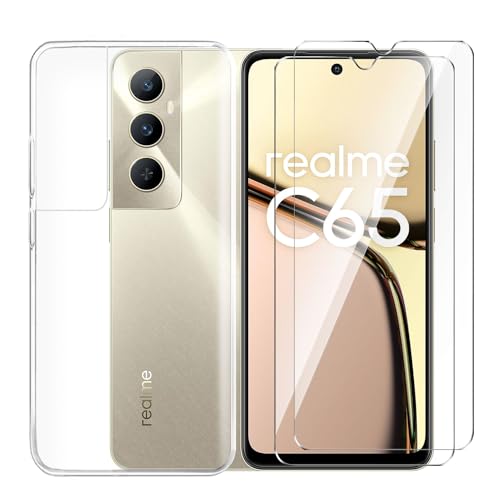 Tsinwe Hülle + 2 Pcs Panzerglasfolie für Realme C65 4G, Weich Transparent Silikon Handy Hüllen [Stoßfest Kratzfest] [Shock Absorption Schutzhülle] & Schutzfolie Protector Film von Tsinwe