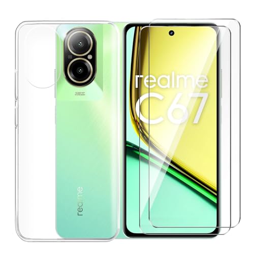 Tsinwe Hülle + 2 Pcs Panzerglasfolie für Realme C67, Weich Transparent Silikon Handy Hüllen [Stoßfest Kratzfest] [Shock Absorption Schutzhülle] & Schutzfolie Protector Film von Tsinwe