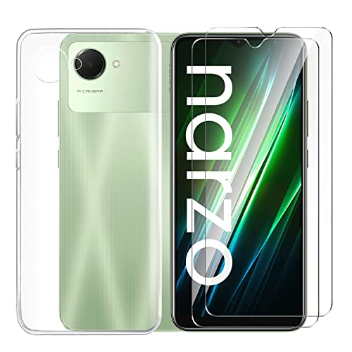 Tsinwe Hülle + 2 Pcs Panzerglasfolie für Realme Narzo 50i Prime, Weich Transparent Silikon Handy Hüllen [Stoßfest Kratzfest] [Shock Absorption Schutzhülle] & Schutzfolie Protector Film von Tsinwe