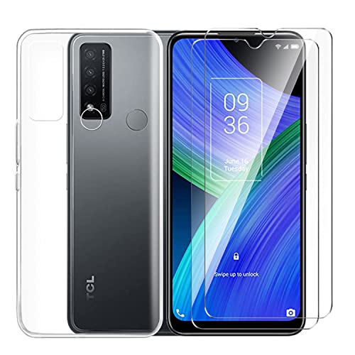 Tsinwe Hülle + 2 Pcs Panzerglasfolie für TCL 20R, Weich Transparent Silikon Handy Hüllen [Stoßfest Kratzfest] [Shock Absorption Schutzhülle] & Schutzfolie Protector Film von Tsinwe