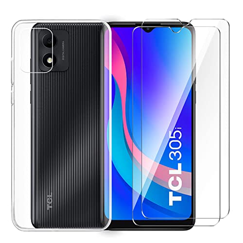 Tsinwe Hülle + 2 Pcs Panzerglasfolie für TCL 305i, Weich Transparent Silikon Handy Hüllen [Stoßfest Kratzfest] [Shock Absorption Schutzhülle] & Schutzfolie Protector Film von Tsinwe