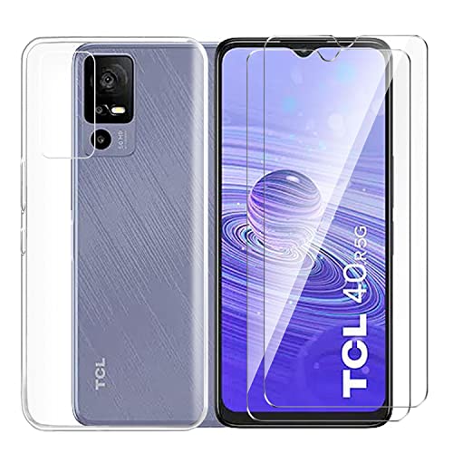 Tsinwe Hülle + 2 Pcs Panzerglasfolie für TCL 40R, Weich Transparent Silikon Handy Hüllen [Stoßfest Kratzfest] [Shock Absorption Schutzhülle] & Schutzfolie Protector Film von Tsinwe